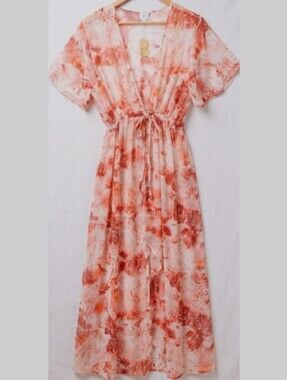 floral print chiffon summer maxi front tie coverup